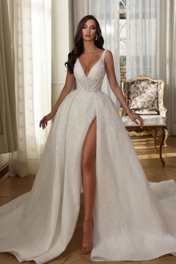 Gorgeous Aline Wedding Dress V-neck Sleeveless Front Split Bridal Dress with Sequins