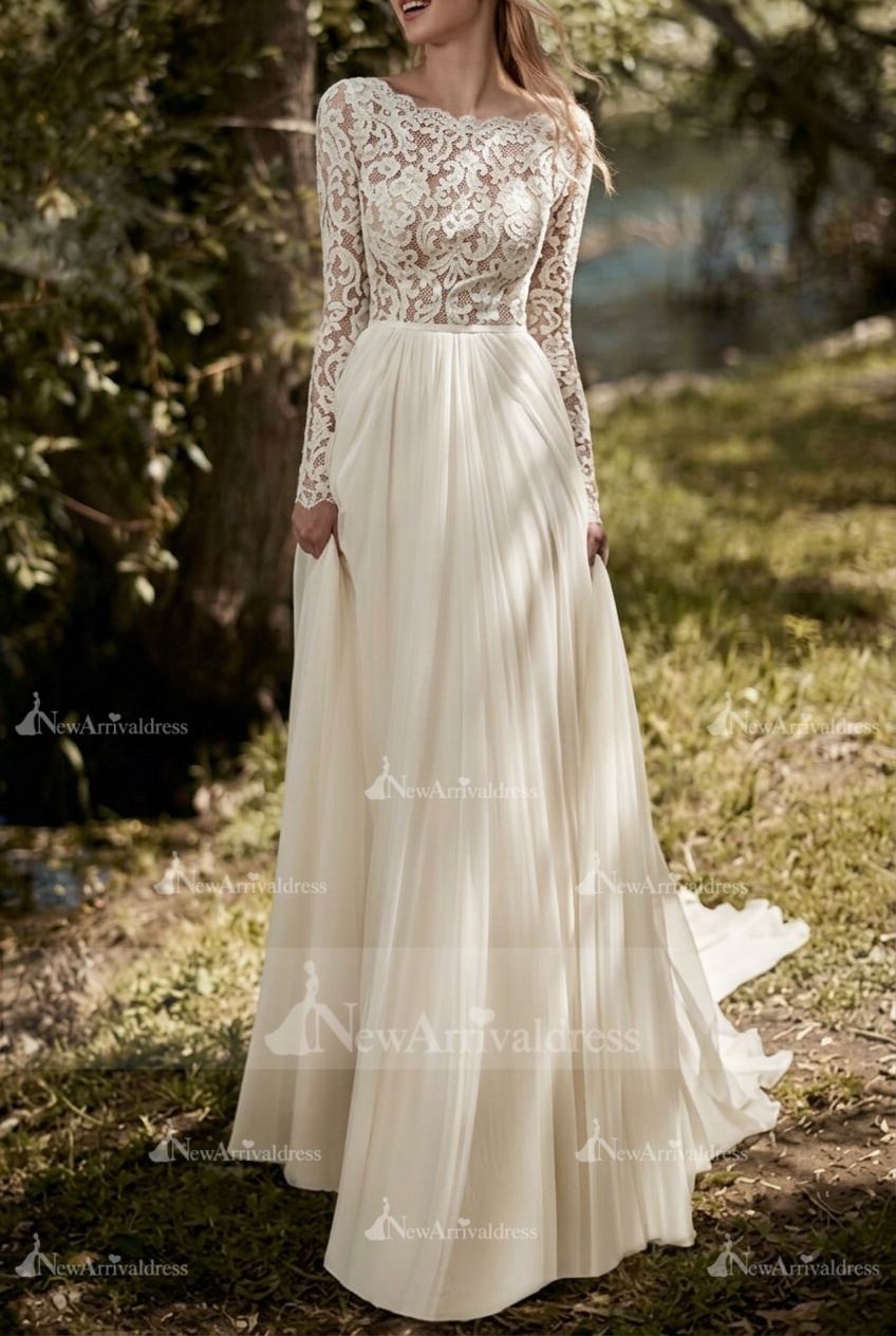 Boho Wedding Dresses Jewel Neck Long Sleeve A Line Floor Length Chffion Bridal Dress For Beach Wedding