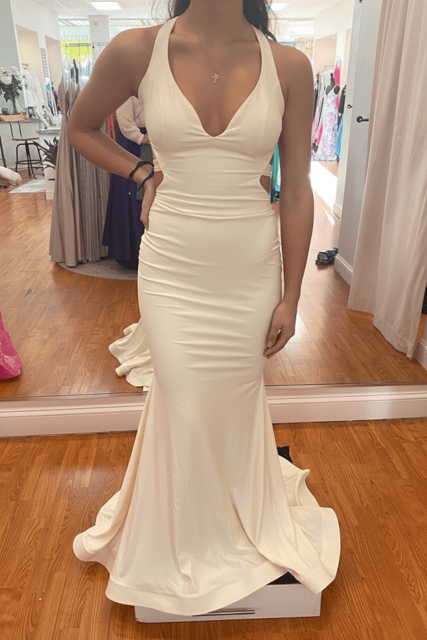 Modest Mermaid Halter V-neck Satin Open Back Prom Dress