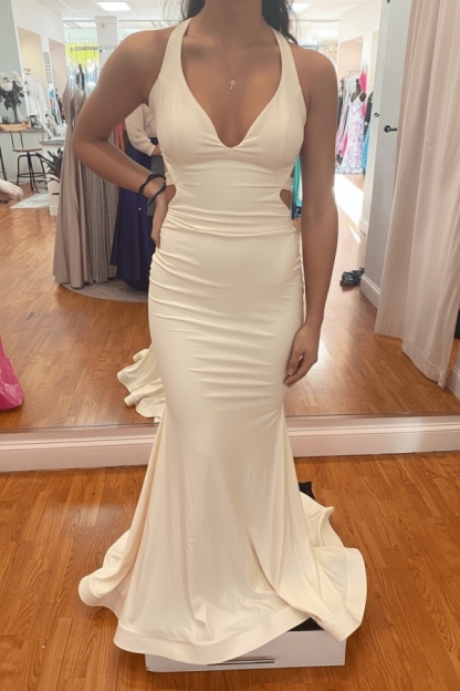 Modest Mermaid Halter V-neck Satin Open Back Prom Dress