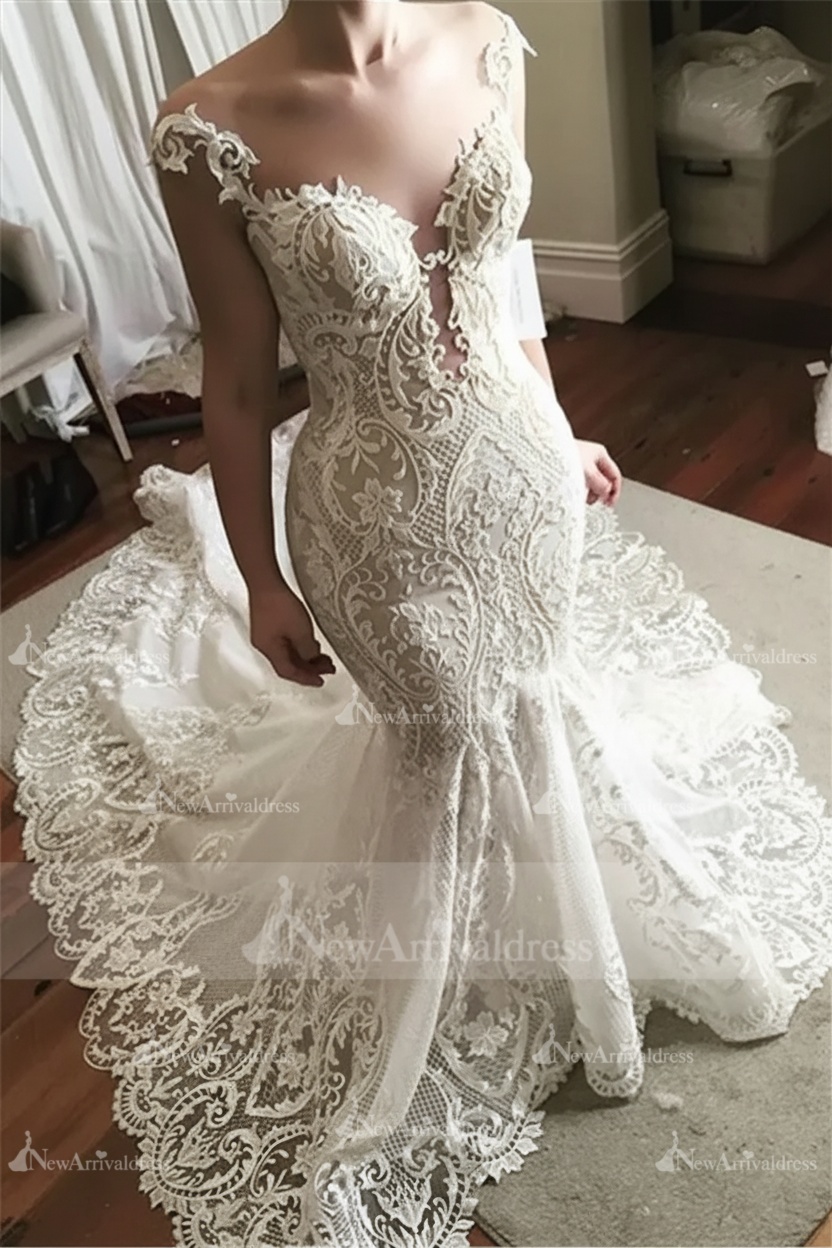 Sexy Lace Mermaid Wedding Dress | Glamorous Sheer Tulle Bridal Gowns with Buttons