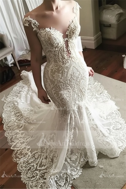 Sexy Lace Mermaid Wedding Dress | Glamorous Sheer Tulle Bridal Gowns with Buttons
