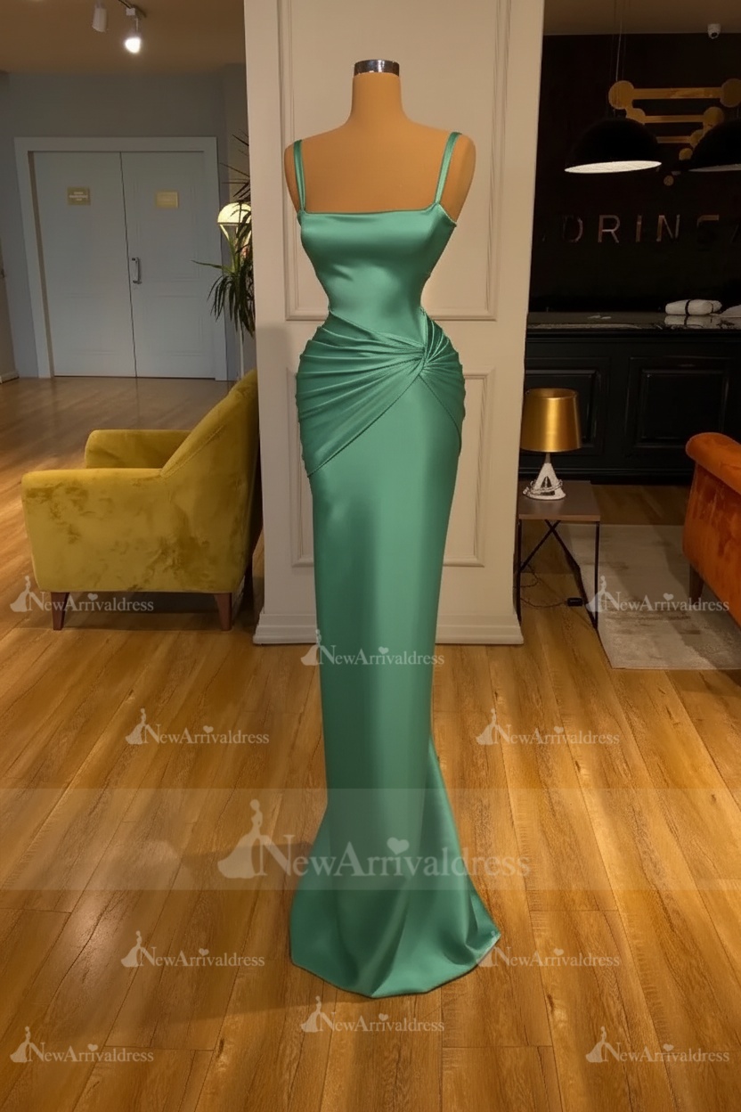 Chic Sky Blue Square Neck Slim Evening Party Wear Dress Sleeveless Satin Prom Dress