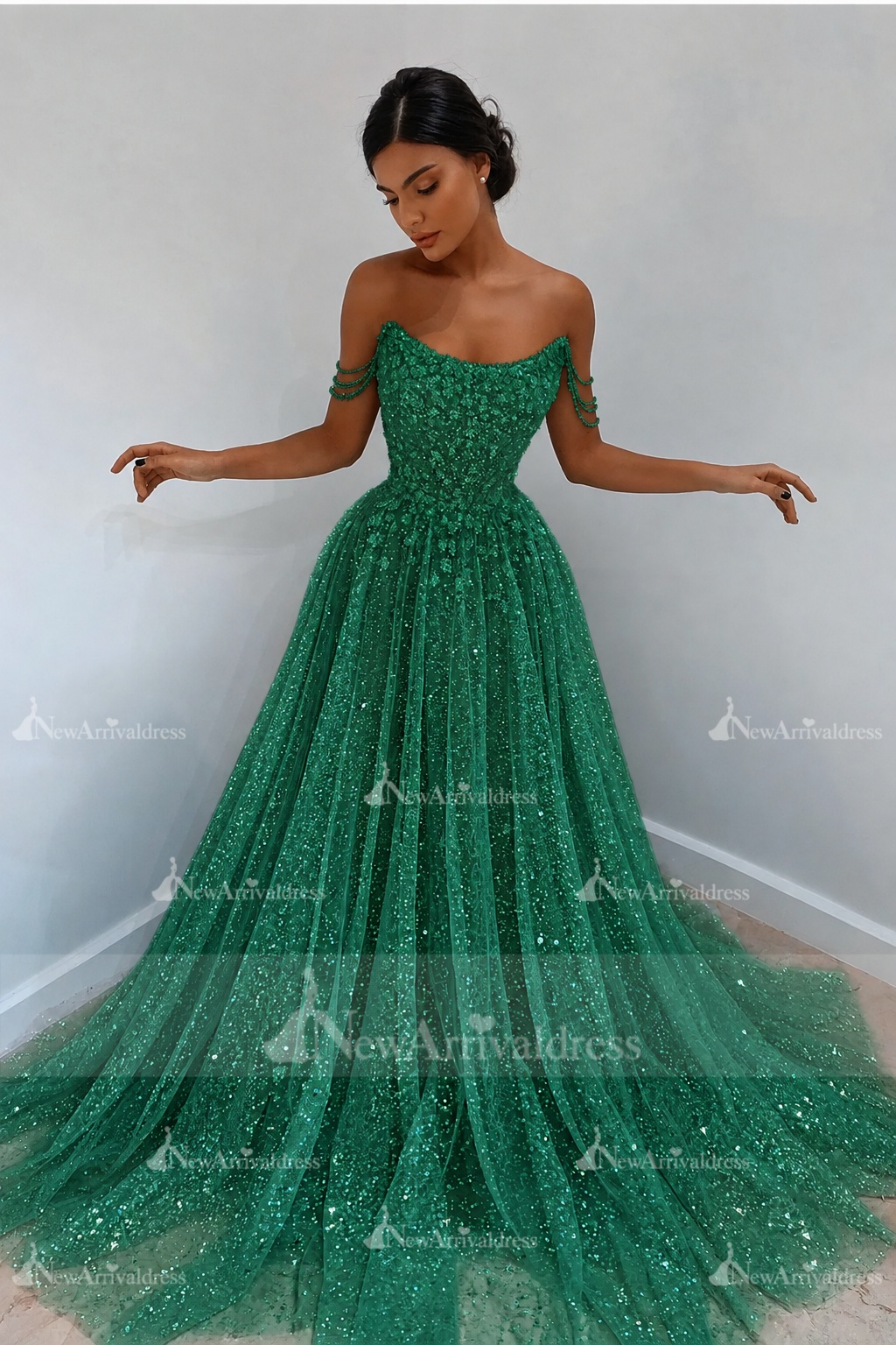 Beautiful Long A-line Sweetheart Sequined Prom Dress Off Shoulder Sky Blue Long Evening Dress