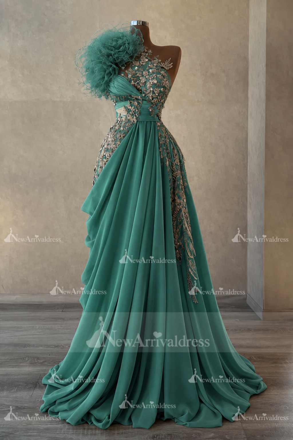 Stunning One Shoulder Flowers Ruched Satin Evening Dress Appliques Aline Party Dress