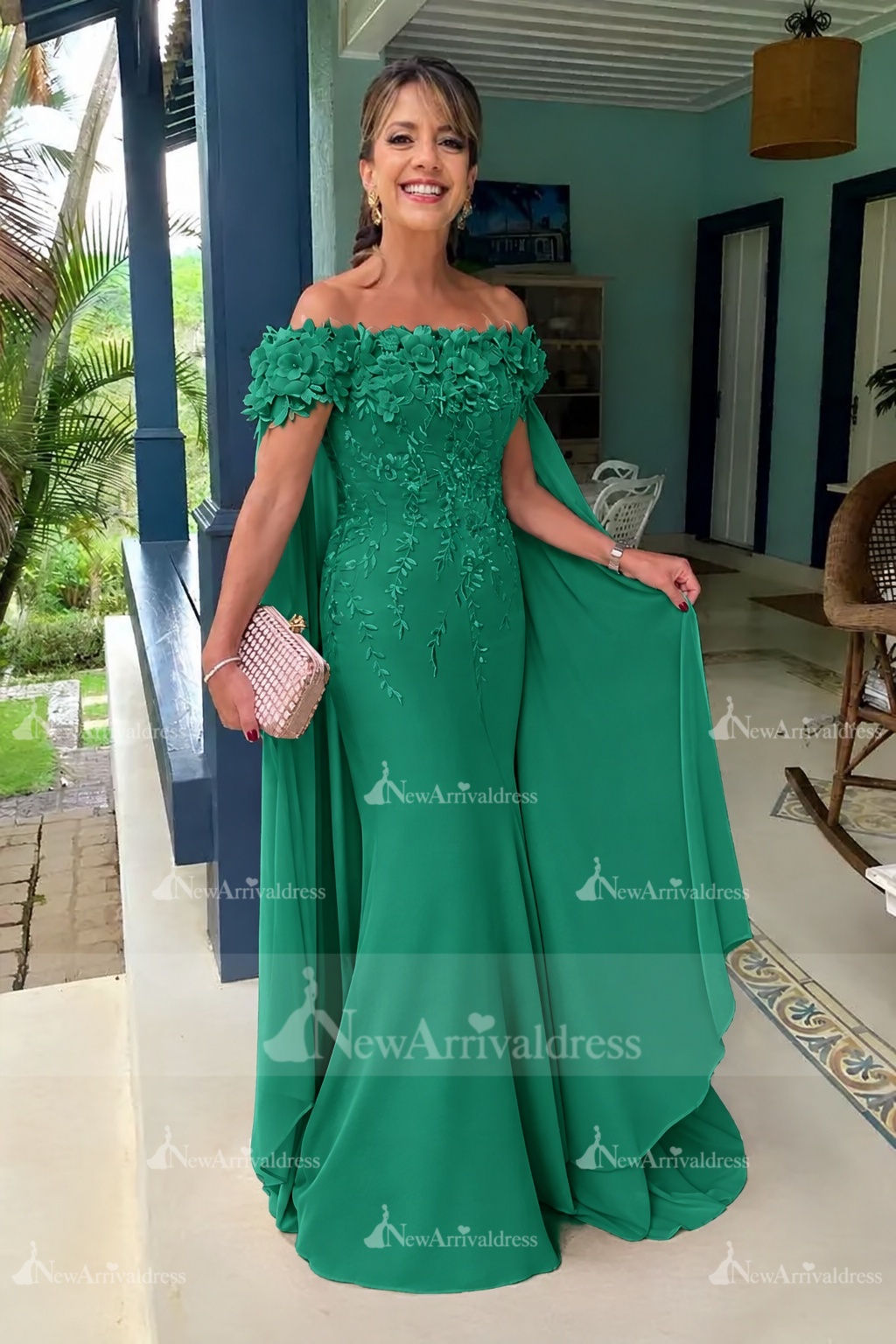 Off-the-Shoulder Pink Chiffon Flowers Long Mother of the Bride Dress with Cape