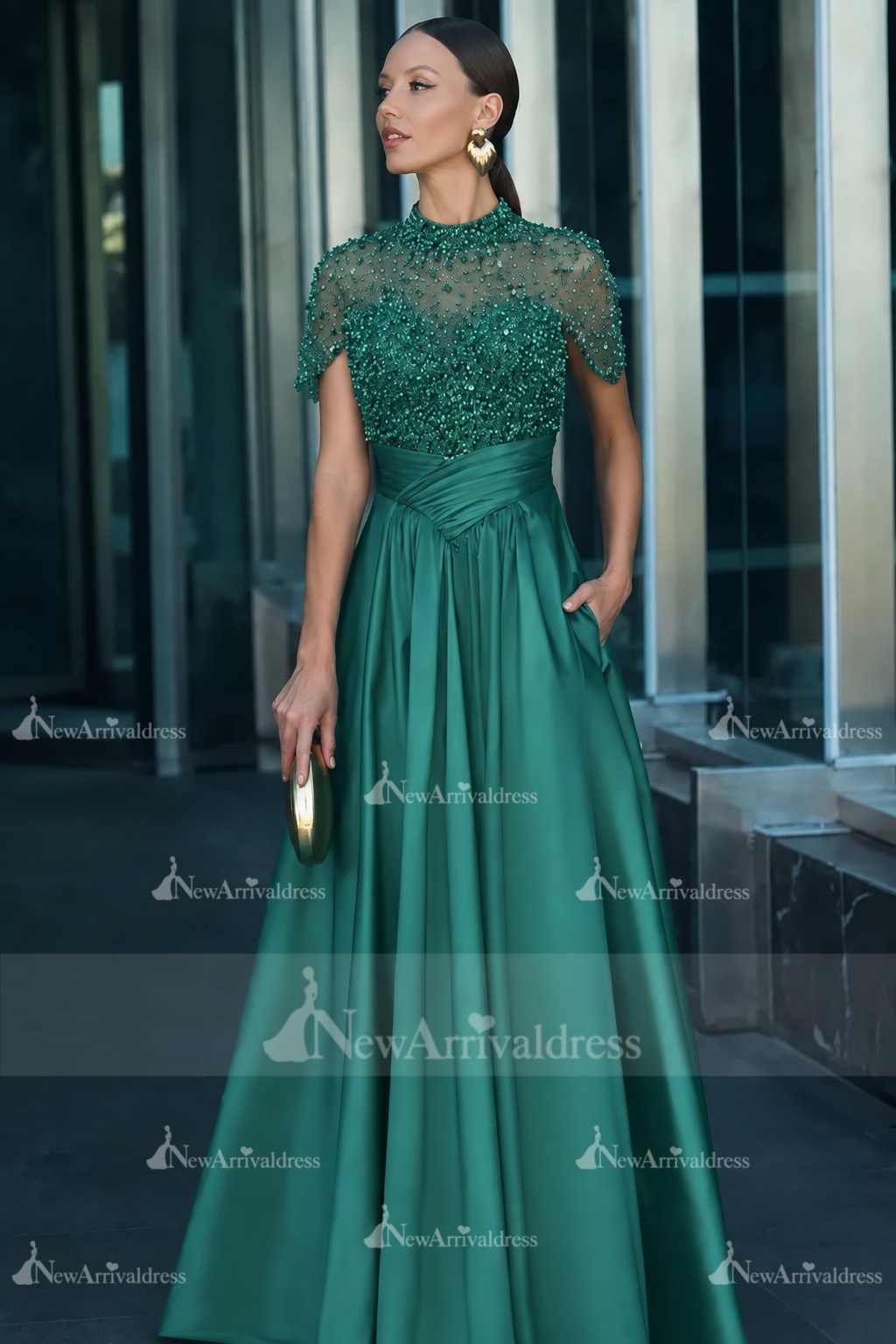 Dark Green Short Sleeves  Satin A-line Evening Dress with Beadings