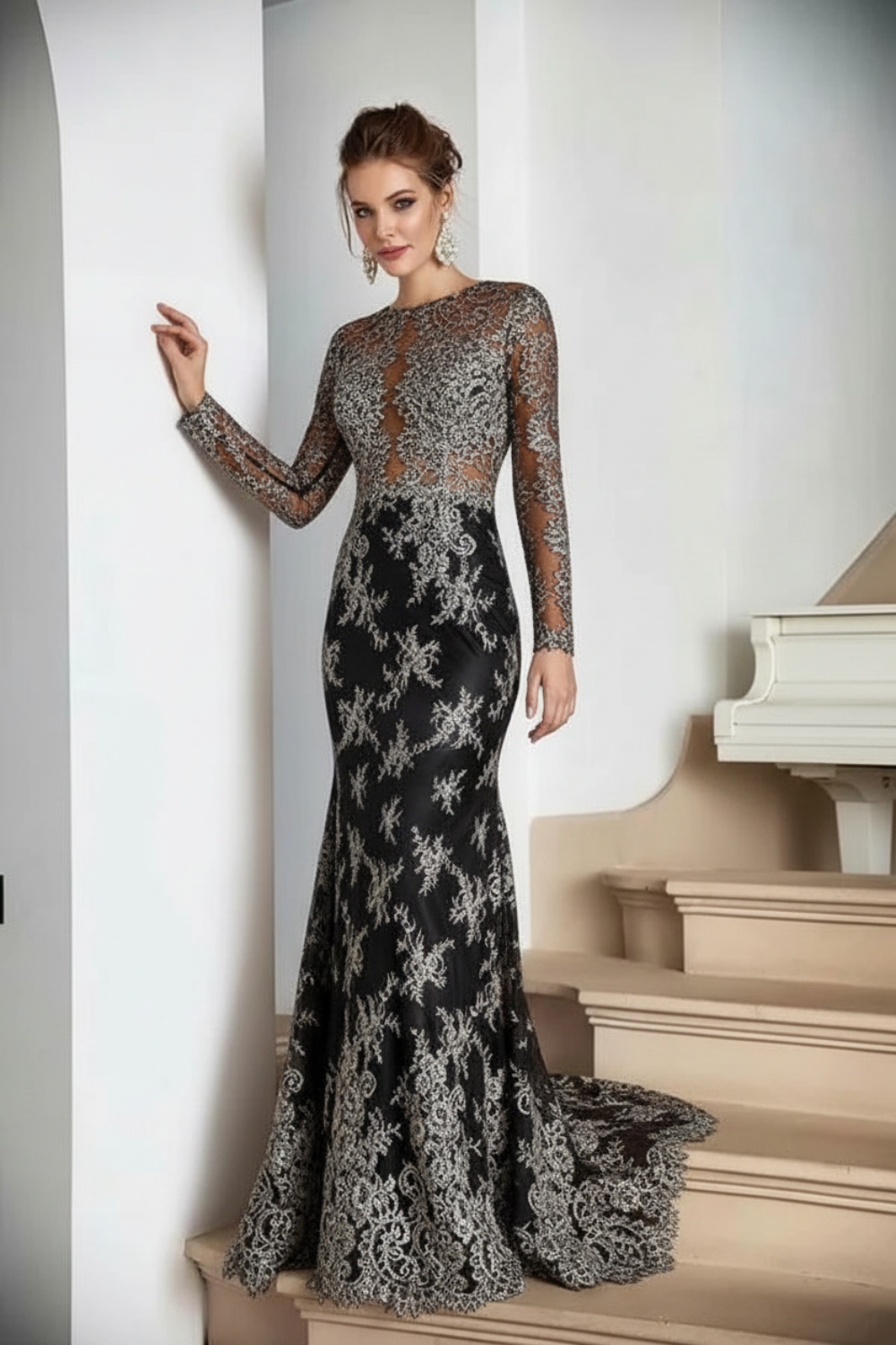 White Lace Appliques Mermaid Evening Dresses Long Sleeves