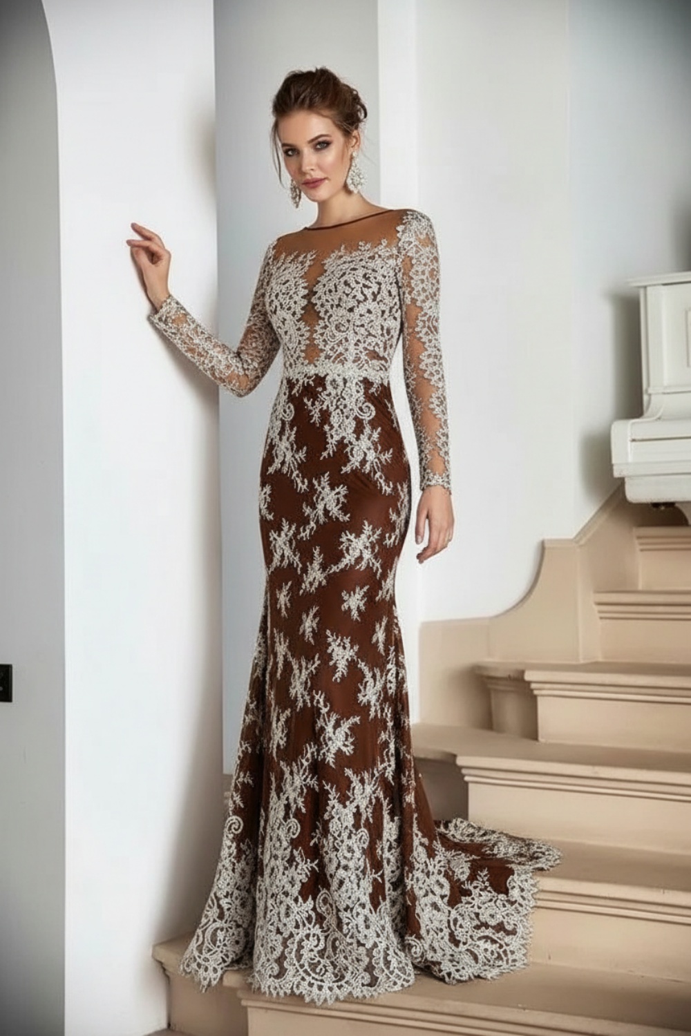 White Lace Appliques Mermaid Evening Dresses Long Sleeves
