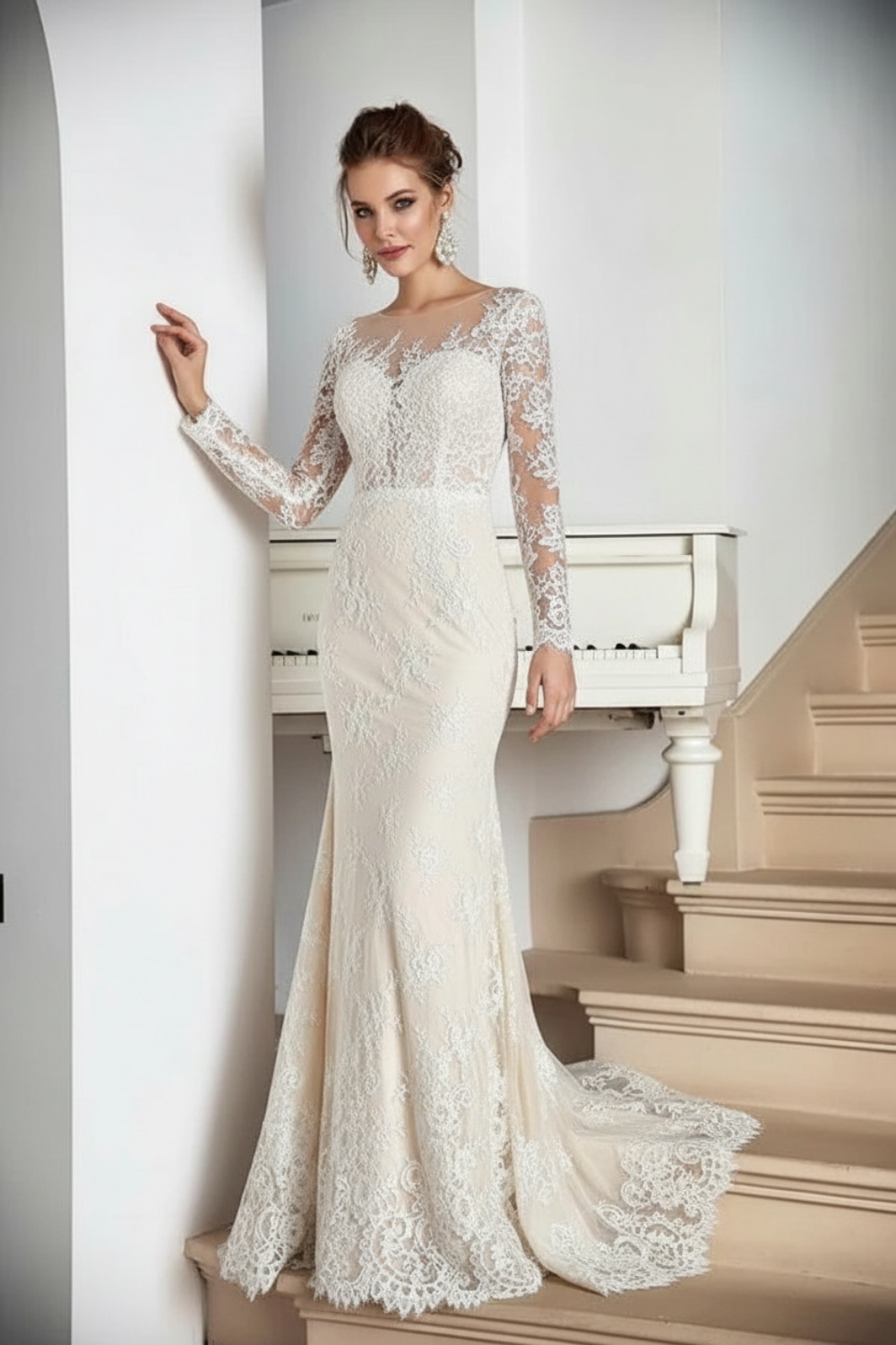 White Lace Appliques Mermaid Evening Dresses Long Sleeves