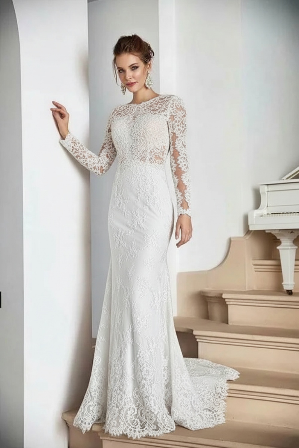 White Lace Appliques Mermaid Evening Dresses Long Sleeves
