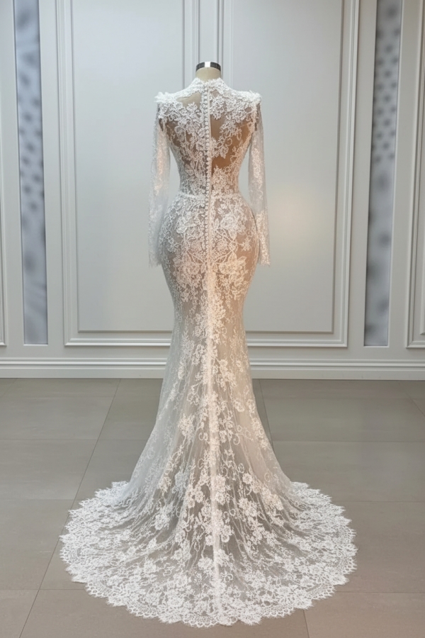 Chic Long Sleeves Lace Mermaid Bridal Gown Deep V-neck Wedding Dresses