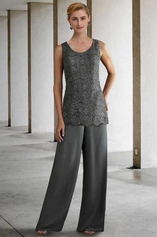 Lace Mother of the Bride Pant Suit | Chiffon 3 Piece Mother of the Bride Dresses - Prom Dresses