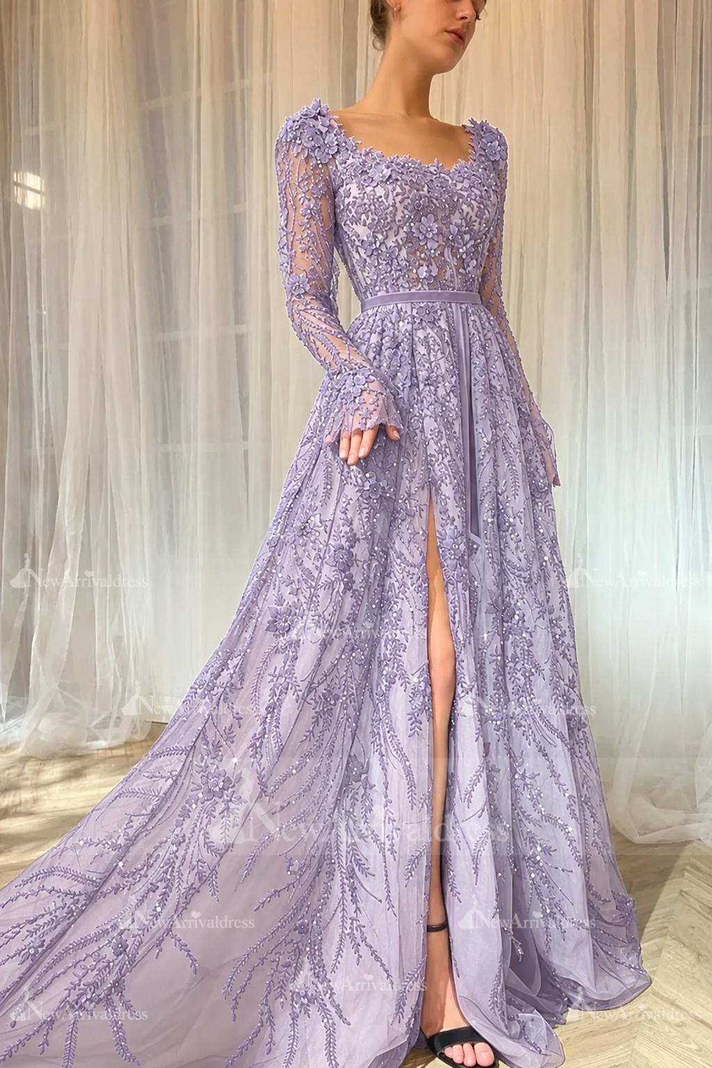 Elegant Black Sequins Aline Evening Dress with Sleeves