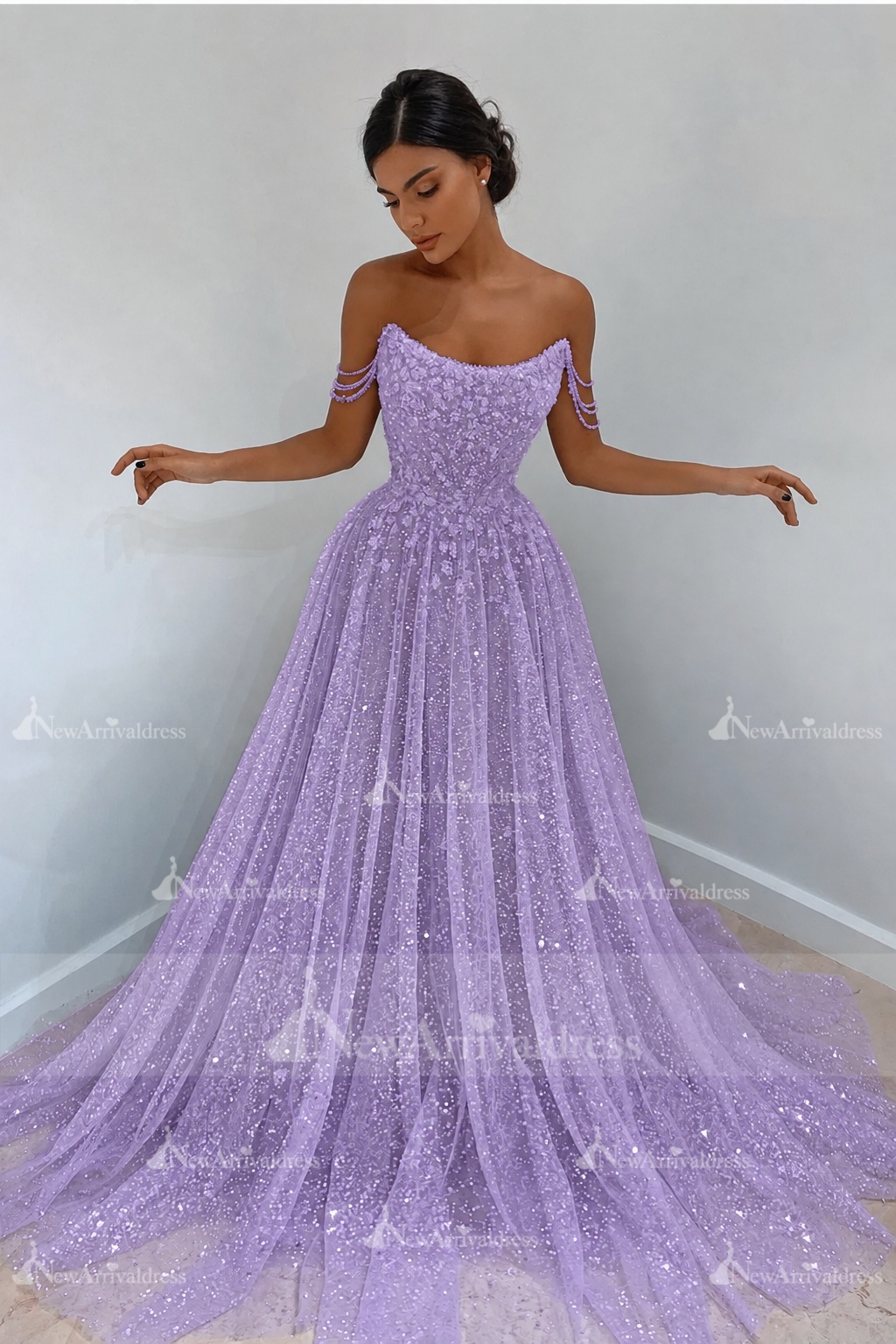 Beautiful Long A-line Sweetheart Sequined Prom Dress Off Shoulder Sky Blue Long Evening Dress