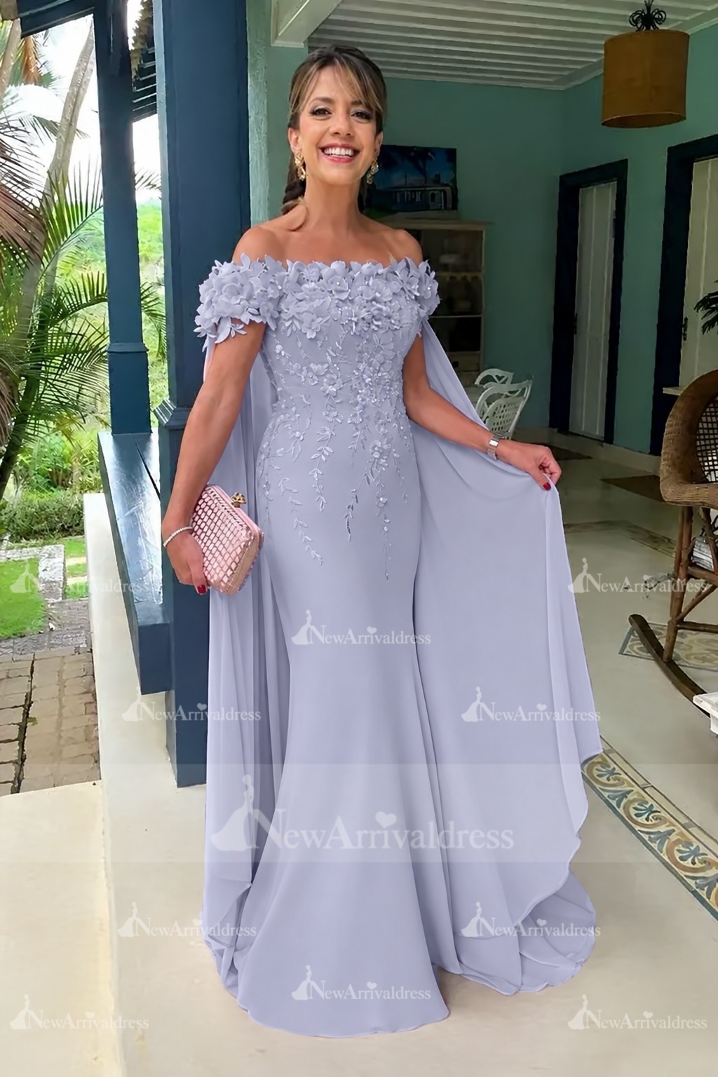 Off-the-Shoulder Pink Chiffon Flowers Long Mother of the Bride Dress with Cape