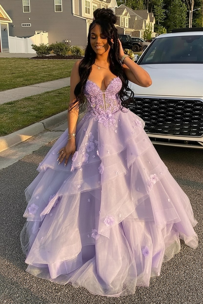 Lavender Spaghetti Straps Tulle Aline Prom Dress Floral Tiered Ruffles Corset Formal Dress