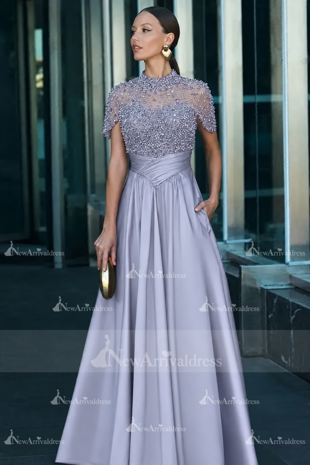 Dark Green Short Sleeves  Satin A-line Evening Dress with Beadings