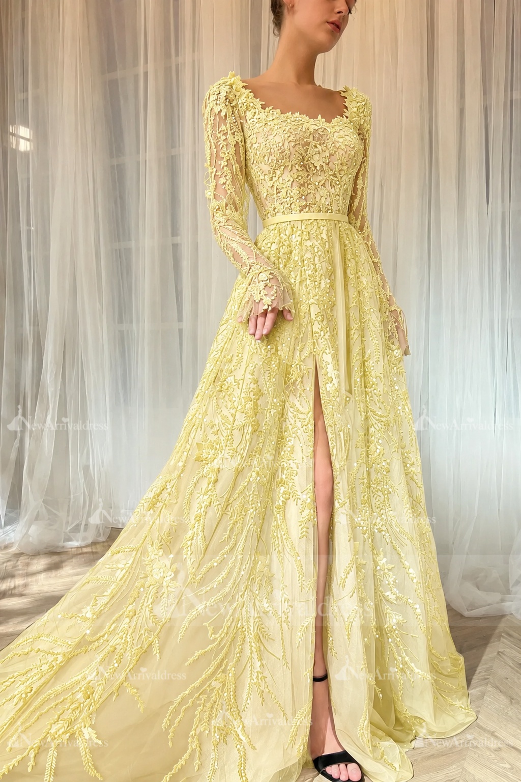 Elegant Black Sequins Aline Evening Dress with Sleeves
