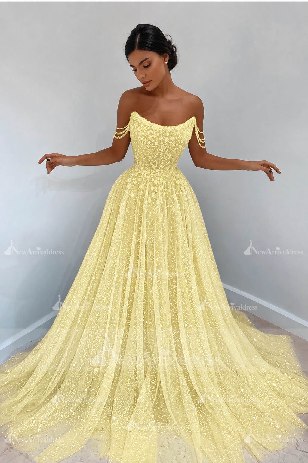 Beautiful Long A-line Sweetheart Sequined Prom Dress Off Shoulder Sky Blue Long Evening Dress