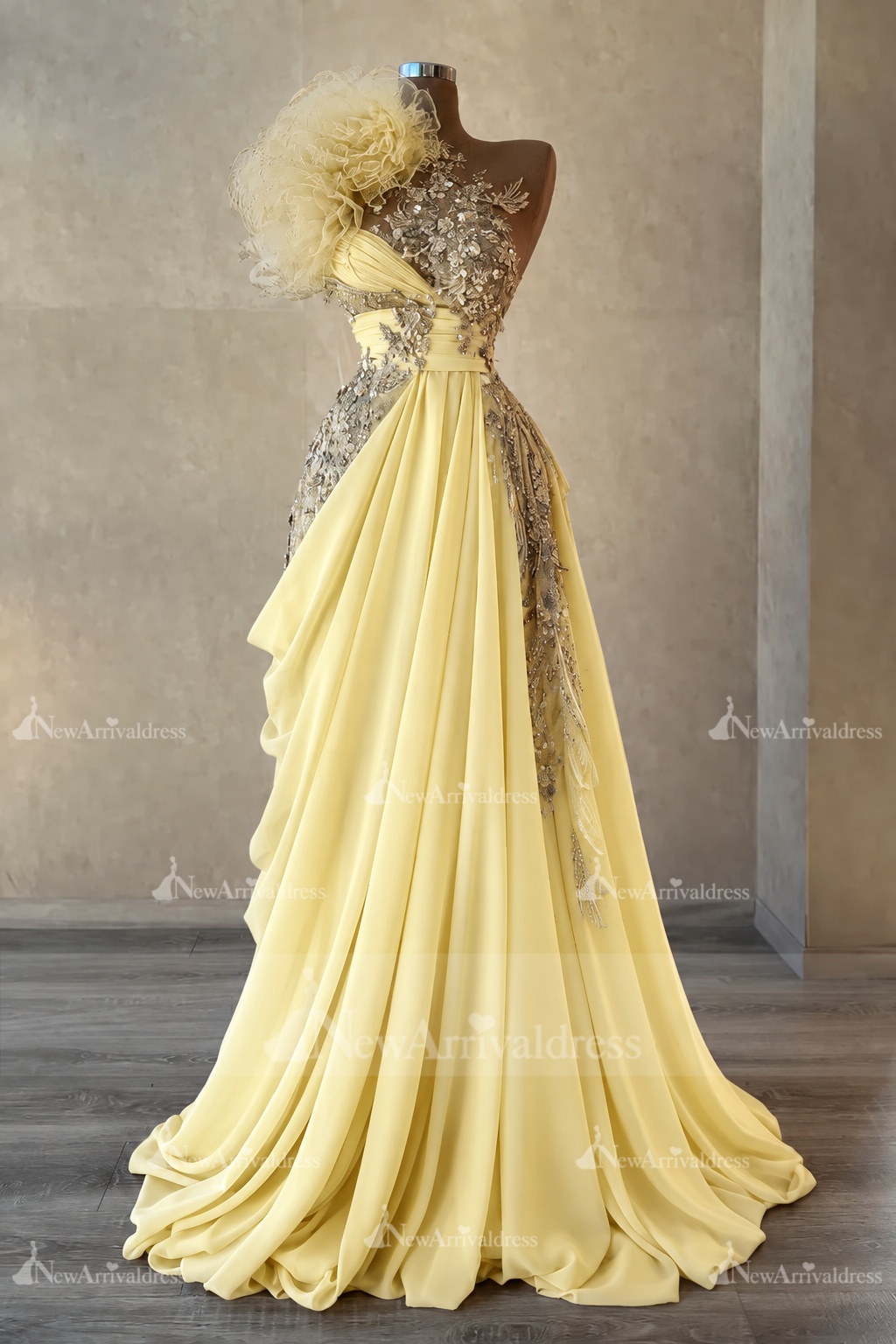 Stunning One Shoulder Flowers Ruched Satin Evening Dress Appliques Aline Party Dress