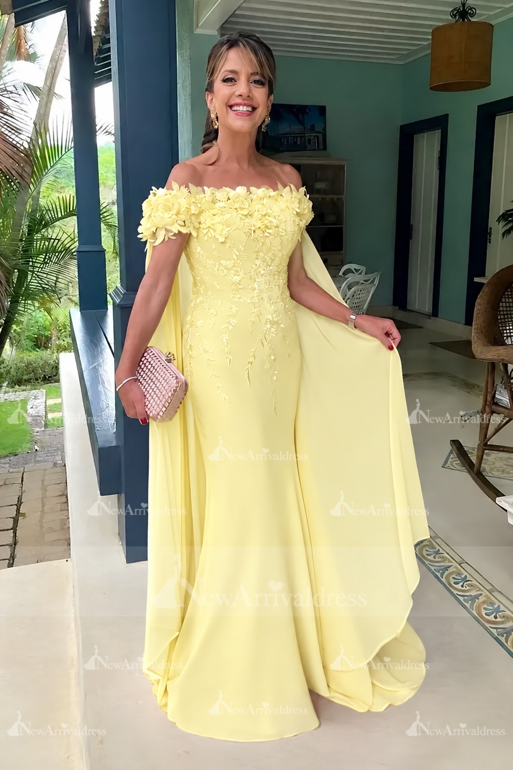Off-the-Shoulder Pink Chiffon Flowers Long Mother of the Bride Dress with Cape
