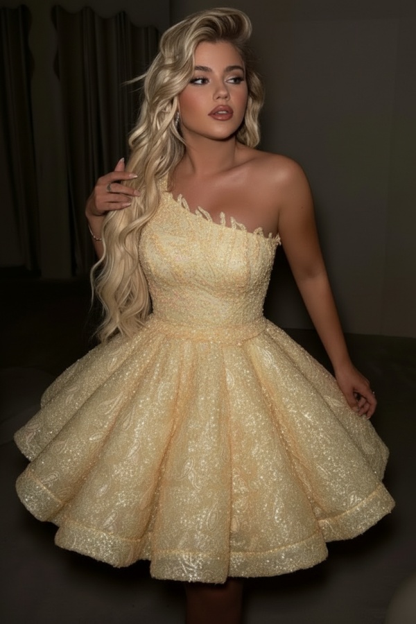 One Shoulder Sequins Short Prom Dress Gold Aline Homecoming Dress