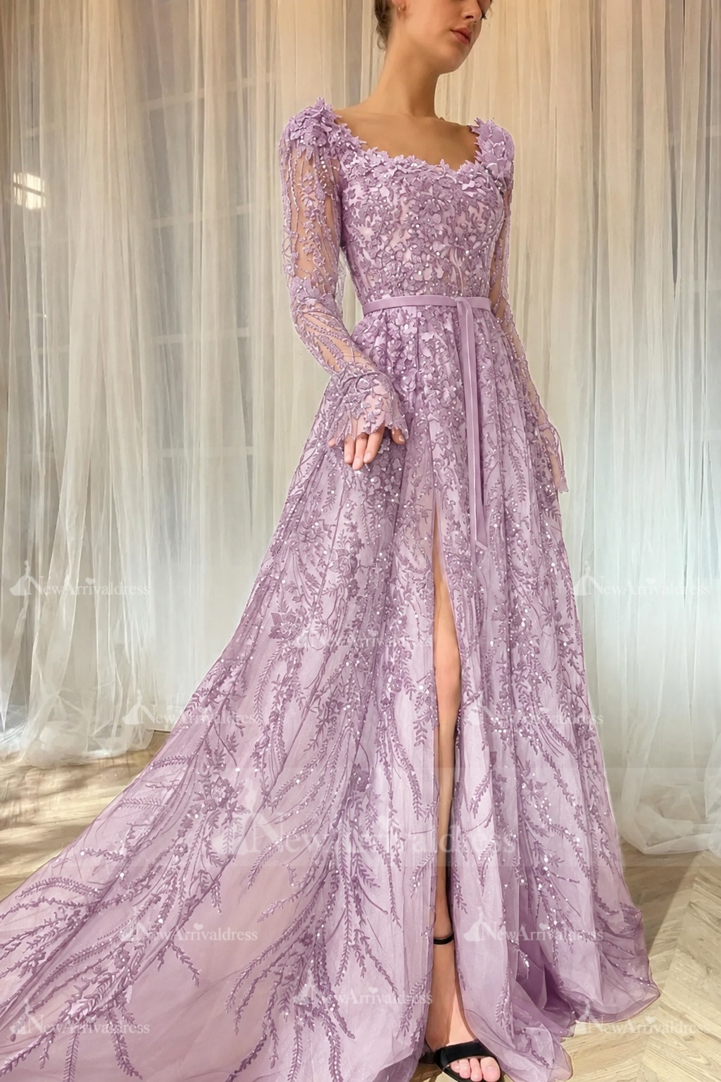 Elegant Black Sequins Aline Evening Dress with Sleeves