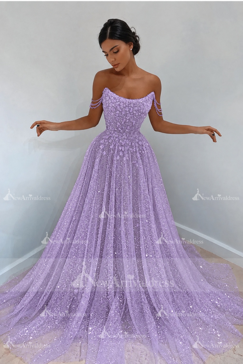 Beautiful Long A-line Sweetheart Sequined Prom Dress Off Shoulder Sky Blue Long Evening Dress