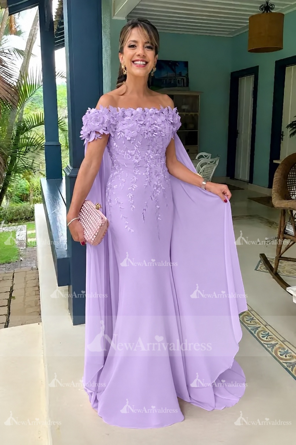 Off-the-Shoulder Pink Chiffon Flowers Long Mother of the Bride Dress with Cape