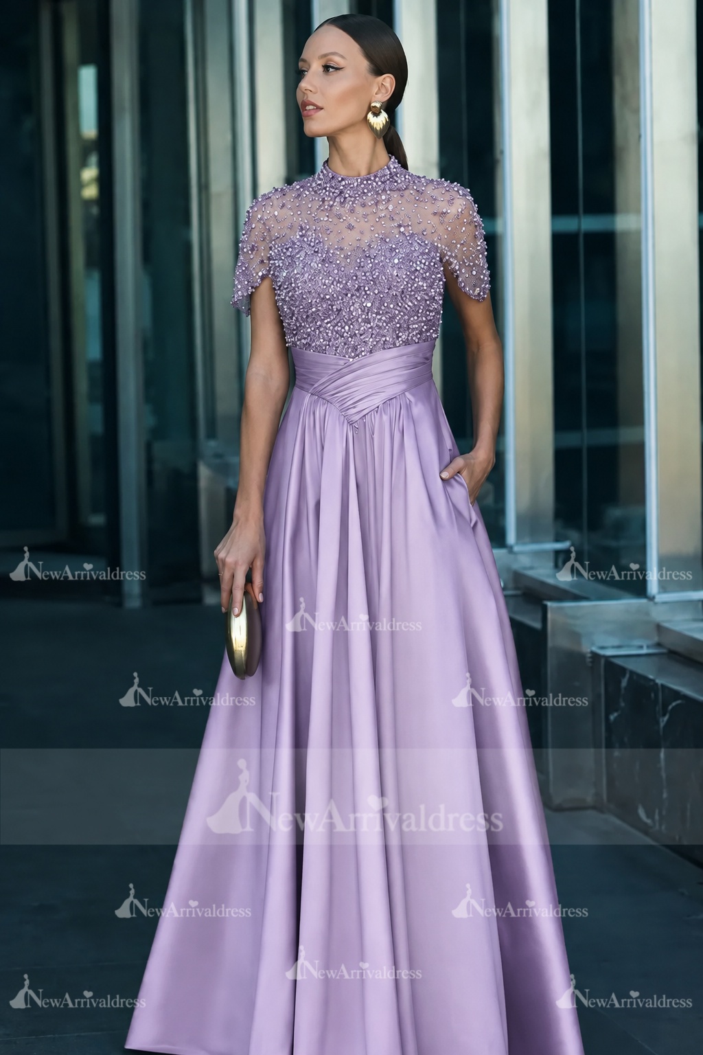 Dark Green Short Sleeves  Satin A-line Evening Dress with Beadings
