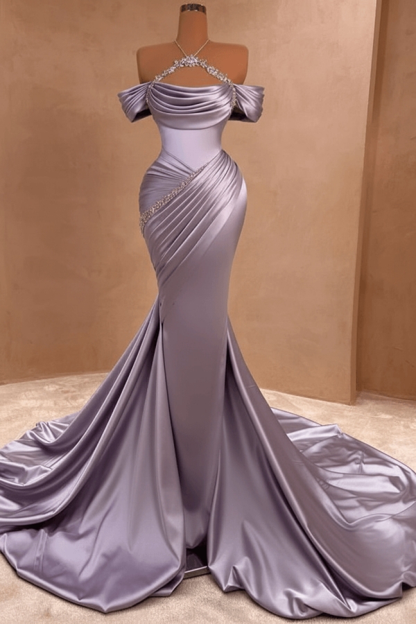 Charming Off-the-Shoulder Ruched Satin Long Prom Dress Glitter Sequins Sheath Evening Gown