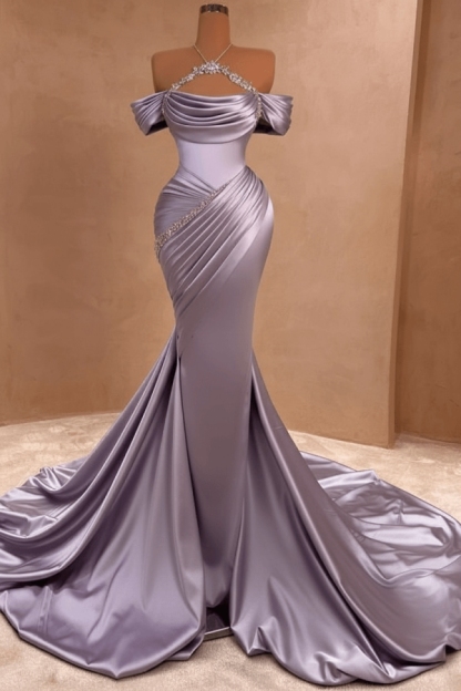 Charming Off-the-Shoulder Ruched Satin Long Prom Dress Glitter Sequins Sheath Evening Gown