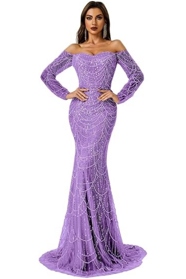Charming Off-the-Shoulder Long Sleeves Mermaid Prom Dress with Beadings