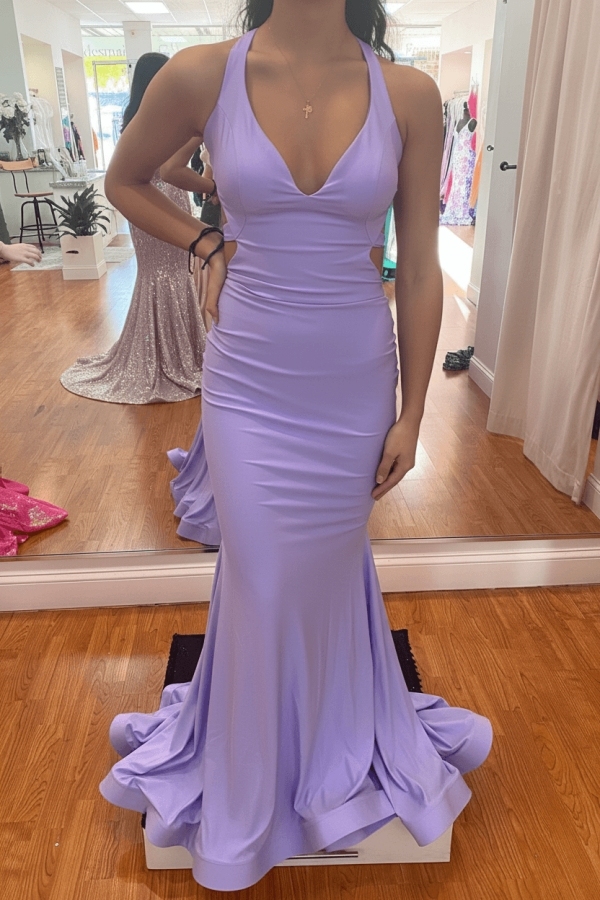 Modest Mermaid Halter V-neck Satin Open Back Prom Dress