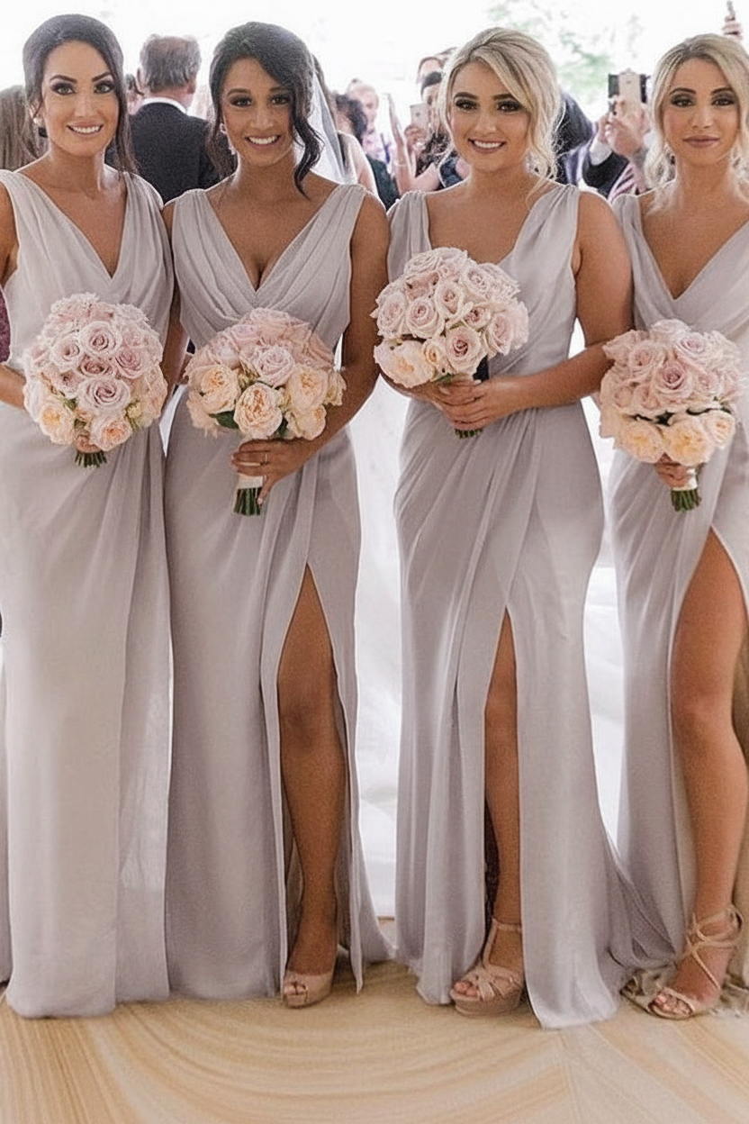 Elegant Chiffon Long Bridesmaid Dress Sleeveless Side Slit Wedding Guest Dress
