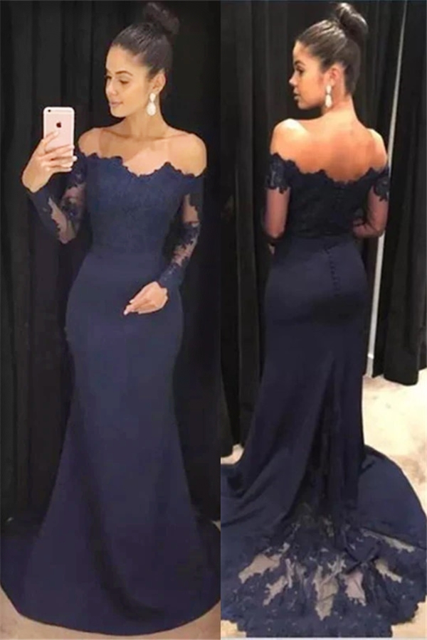 Long Sleeve Navy Blue Formal Dresses | Lace Long Prom Dresses