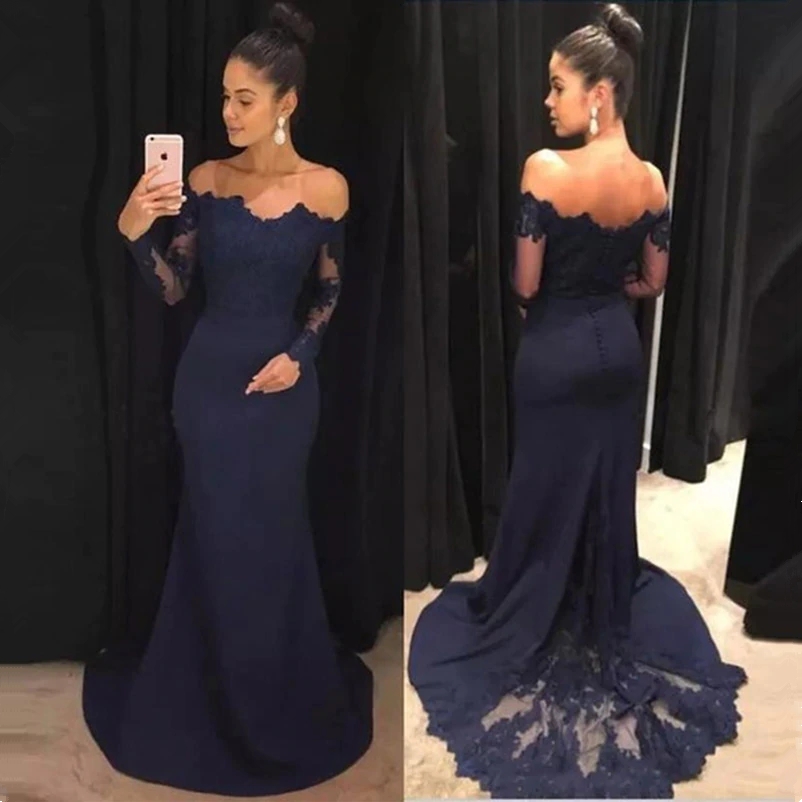 Long Sleeve Navy Blue Formal Dresses | Lace Long Prom Dresses