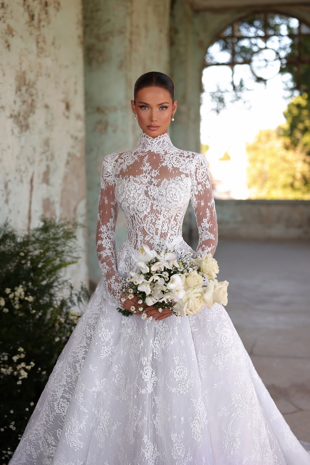 High Neck wedding dresses A line Long Sleeves Tulle Lace wedding dresses