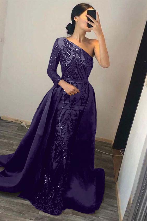 Long Sleeves Dark Green Sequins Mermaid Prom Dress with Detachable Sweep Train