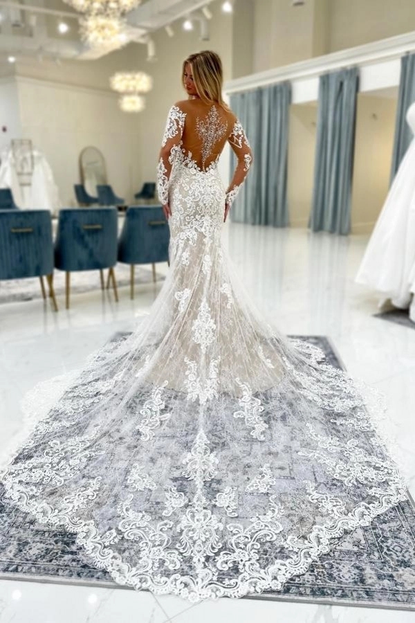 Off-the-Shoulder Ivory Lace Mermaid Wedding Dress Long Sleeves with Train