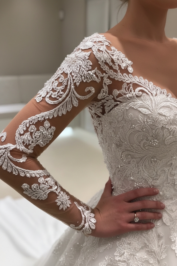 Long Sleeve Satin V-Neck Appliques A-Line Wedding Dresses Sexy