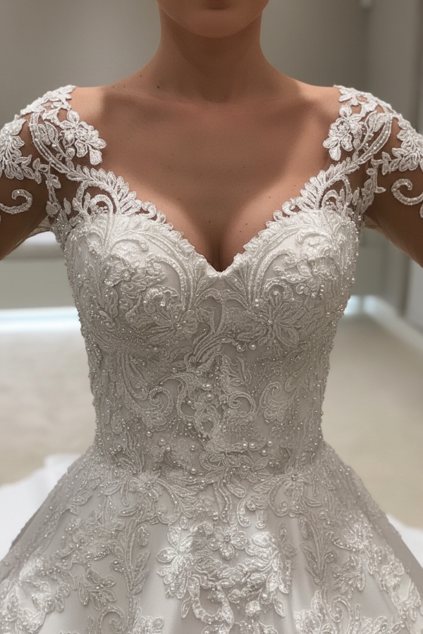 Long Sleeve Satin V-Neck Appliques A-Line Wedding Dresses Sexy