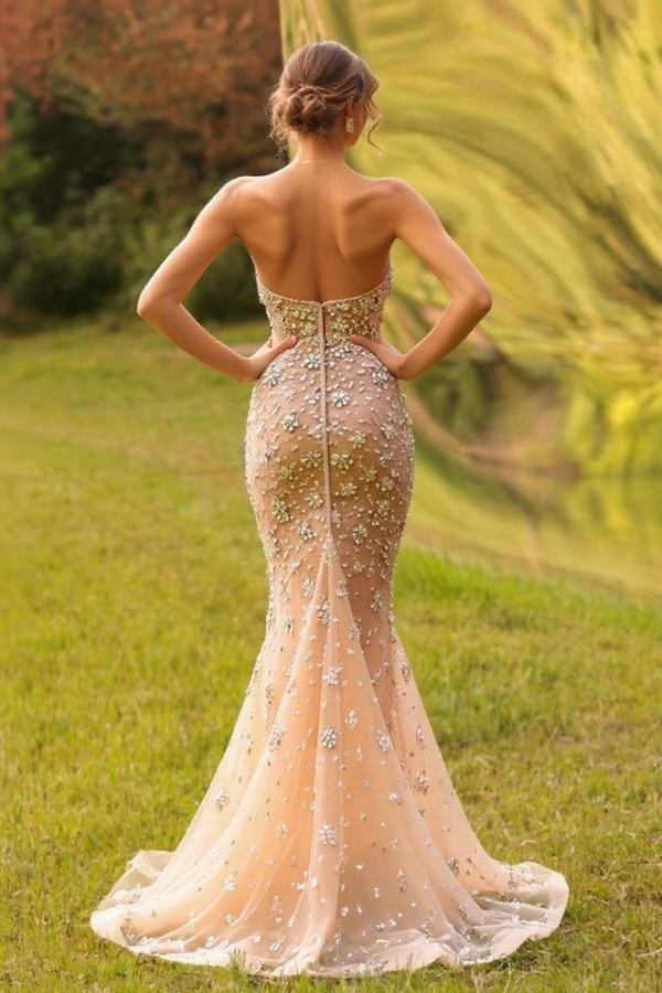 Luxury Strapless Champagne Crystals Mermaid Evening Dress