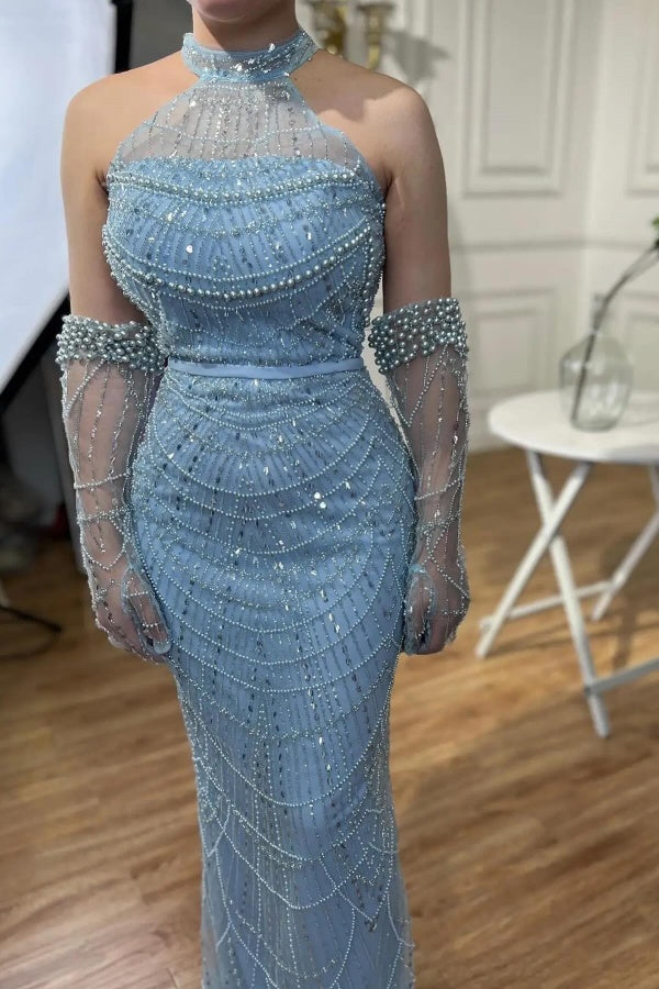 Glitter Halter Floor Length Beaded Column Evening Dresses