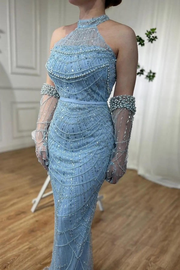 Glitter Halter Floor Length Beaded Column Evening Dresses