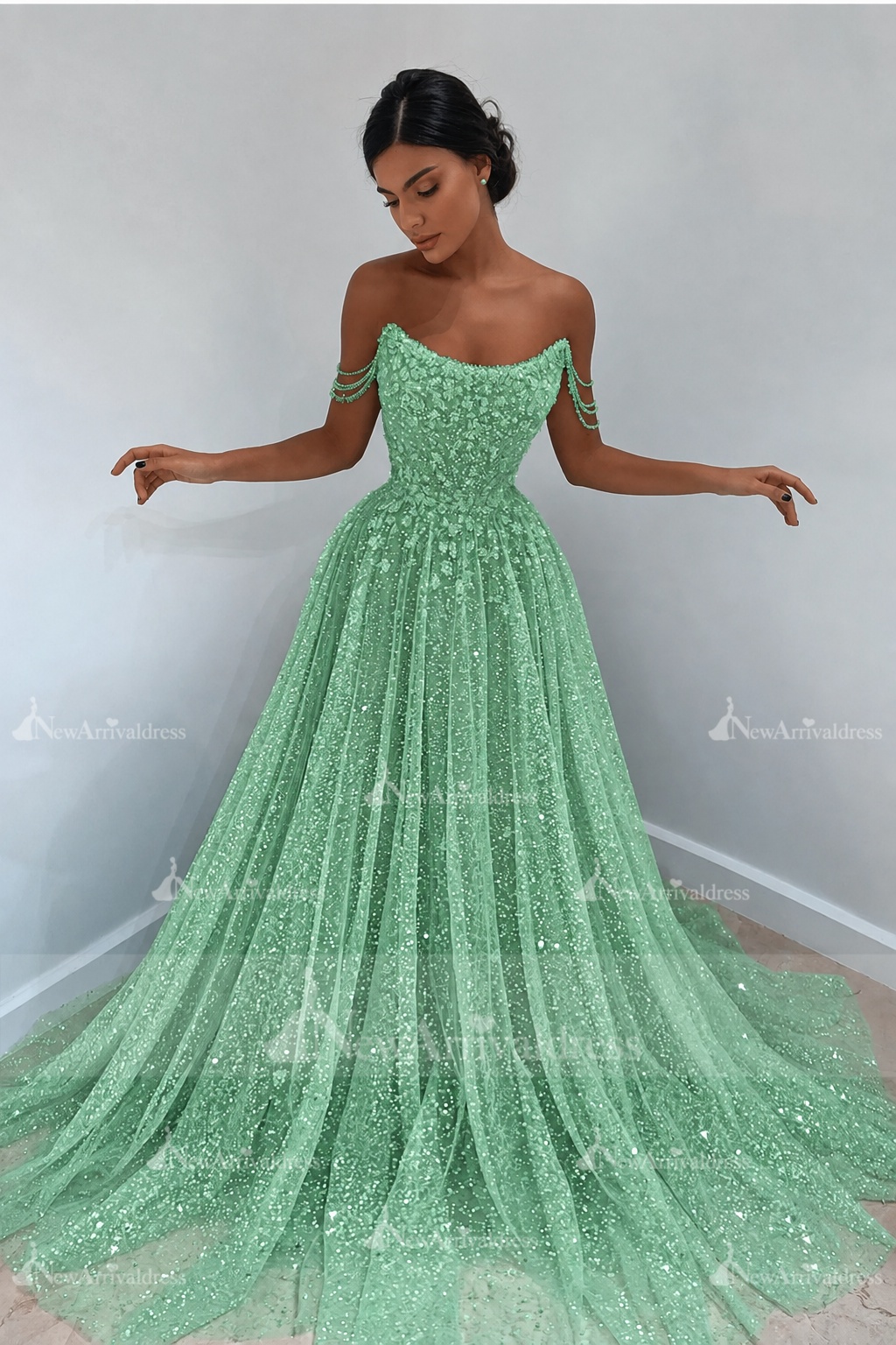 Beautiful Long A-line Sweetheart Sequined Prom Dress Off Shoulder Sky Blue Long Evening Dress