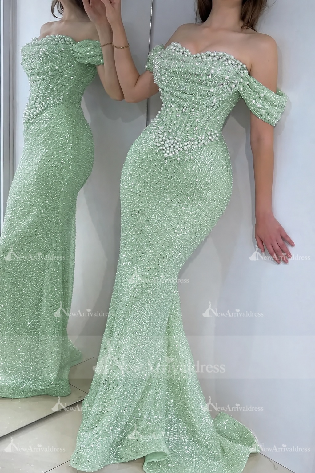 Gorgeous Off-the-Shoulder Sequins Pearls Bodycon Prom Dress Glitter Sweetheart Evening Dress