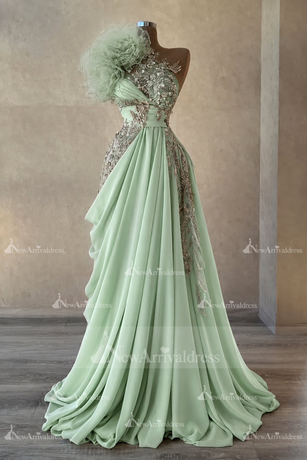 Stunning One Shoulder Flowers Ruched Satin Evening Dress Appliques Aline Party Dress