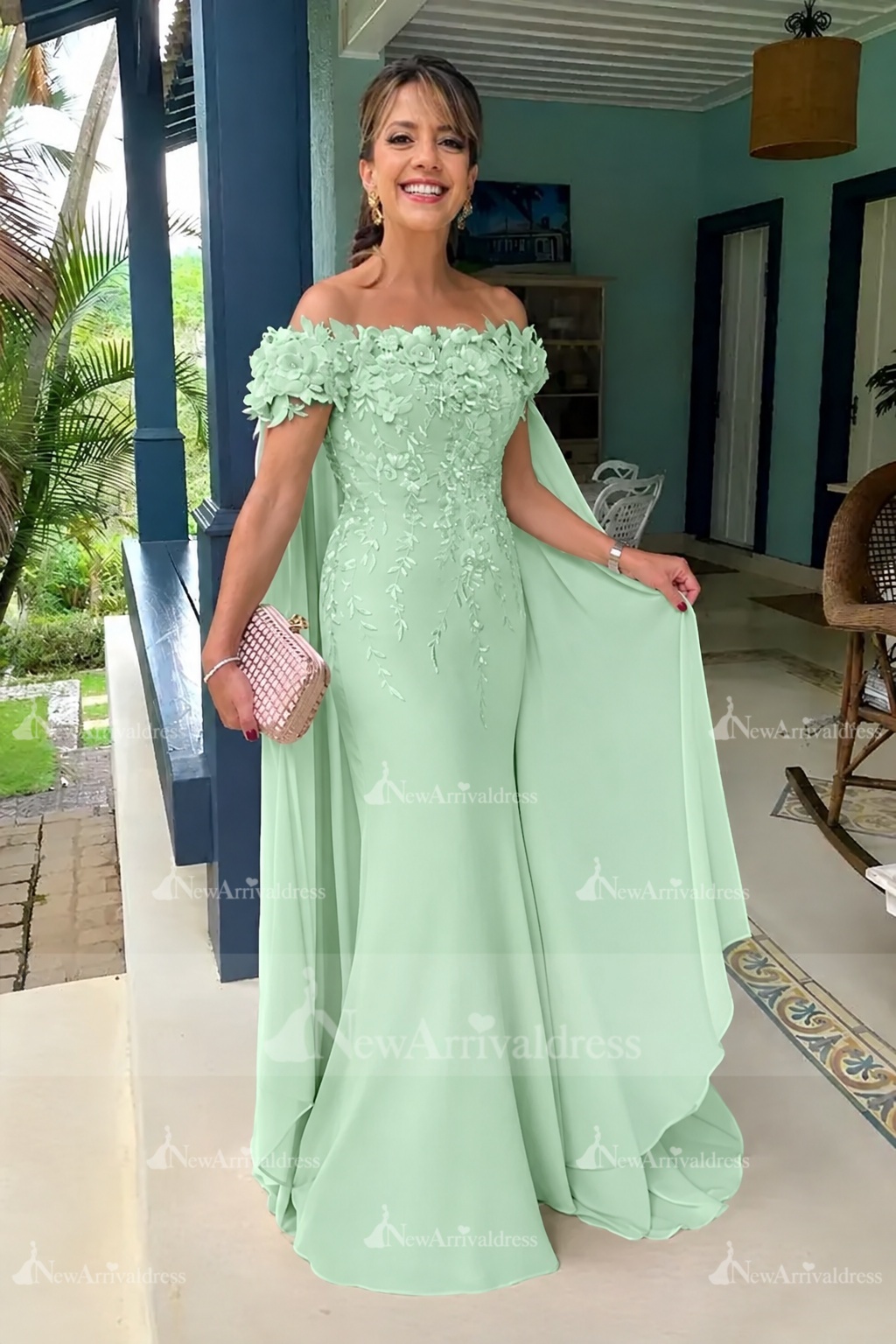 Off-the-Shoulder Pink Chiffon Flowers Long Mother of the Bride Dress with Cape